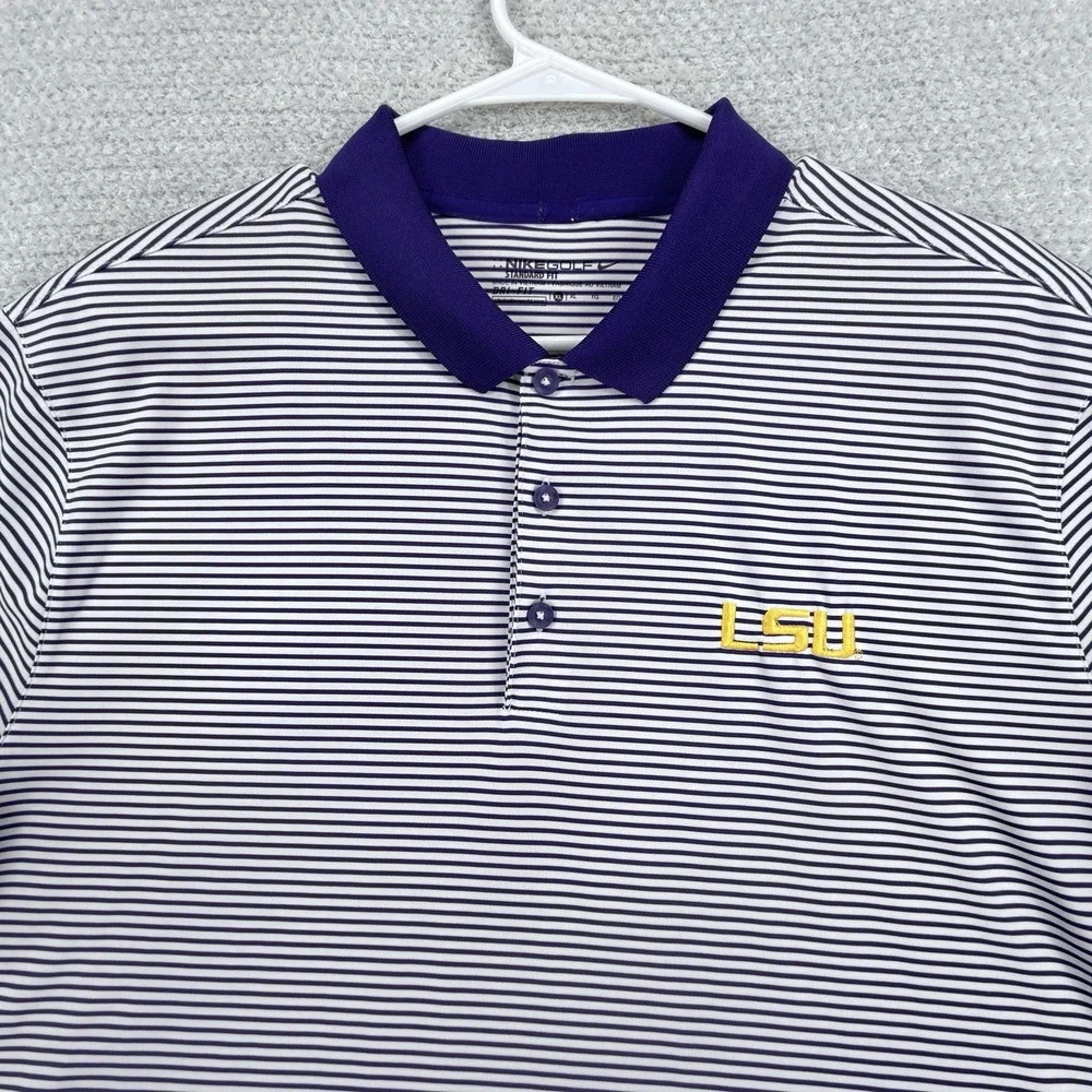 Nike Golf Dri-FIT LSU Tigers Striped Polo Shirt Men's XL Purple White NCAA - Picture 3 of 9